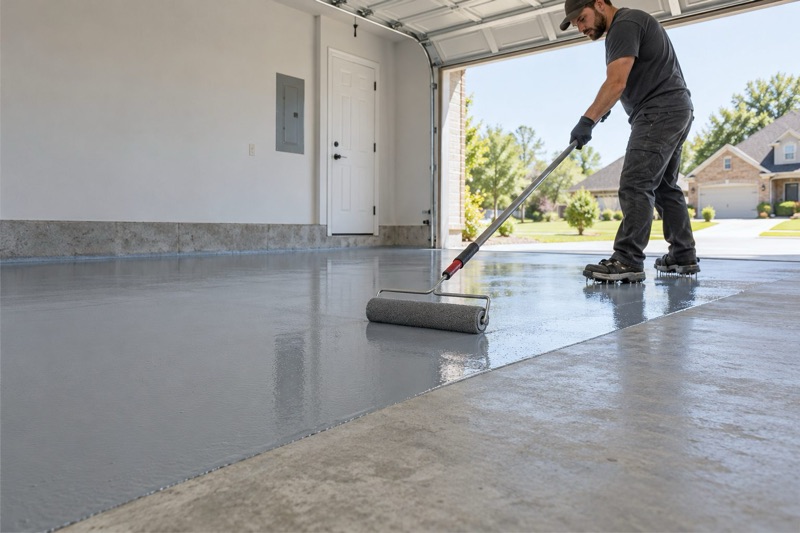 Installer rolling a gray coating onto a garage floor